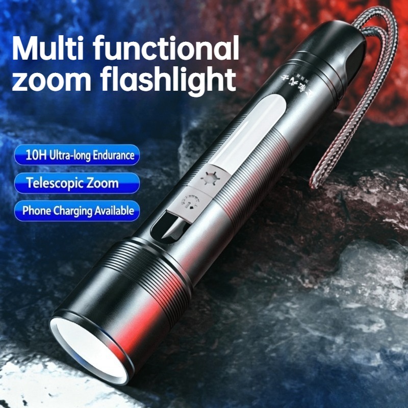 Outdoor Powerbank - ไฟฉาย LED อเนกประสงค์ซูมได้ COB ไฟด้านข้างแบบชาร์จไฟได้พาวเวอร์แบงค์แบบพกพาไฟฉายกันน้ำกลางแจ้งแคมป์ปิ้งเดินป่า
