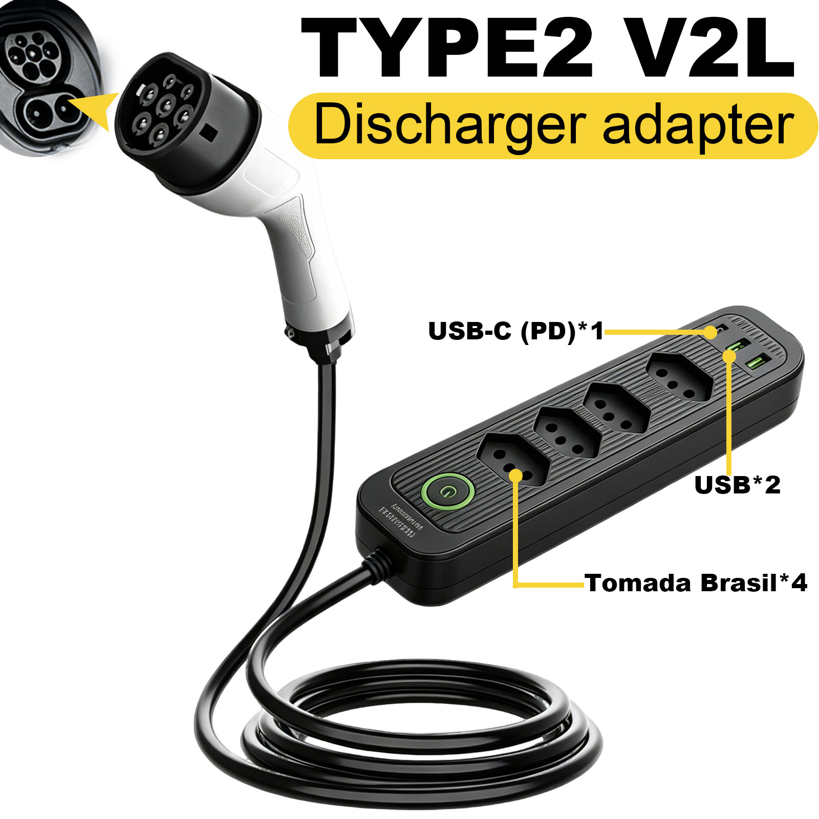 Outdoor Power Station - อะแดปเตอร์ปล่อยไฟ Type2 V2L 16A สำหรับปลั๊กบราซิล ใช้กับสถานีไฟฟ้าภายนอกสำหรับรถยนต์ไฟฟ้า