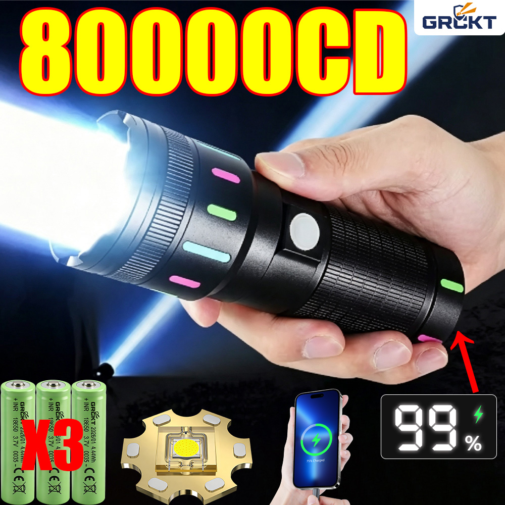 Outdoor Powerbank - ไฟฉาย LED กำลังสูง 80000CD ไฟฉายยุทธวิธีสำหรับการล่าสัตว์ ไฟฉายชาร์จได้