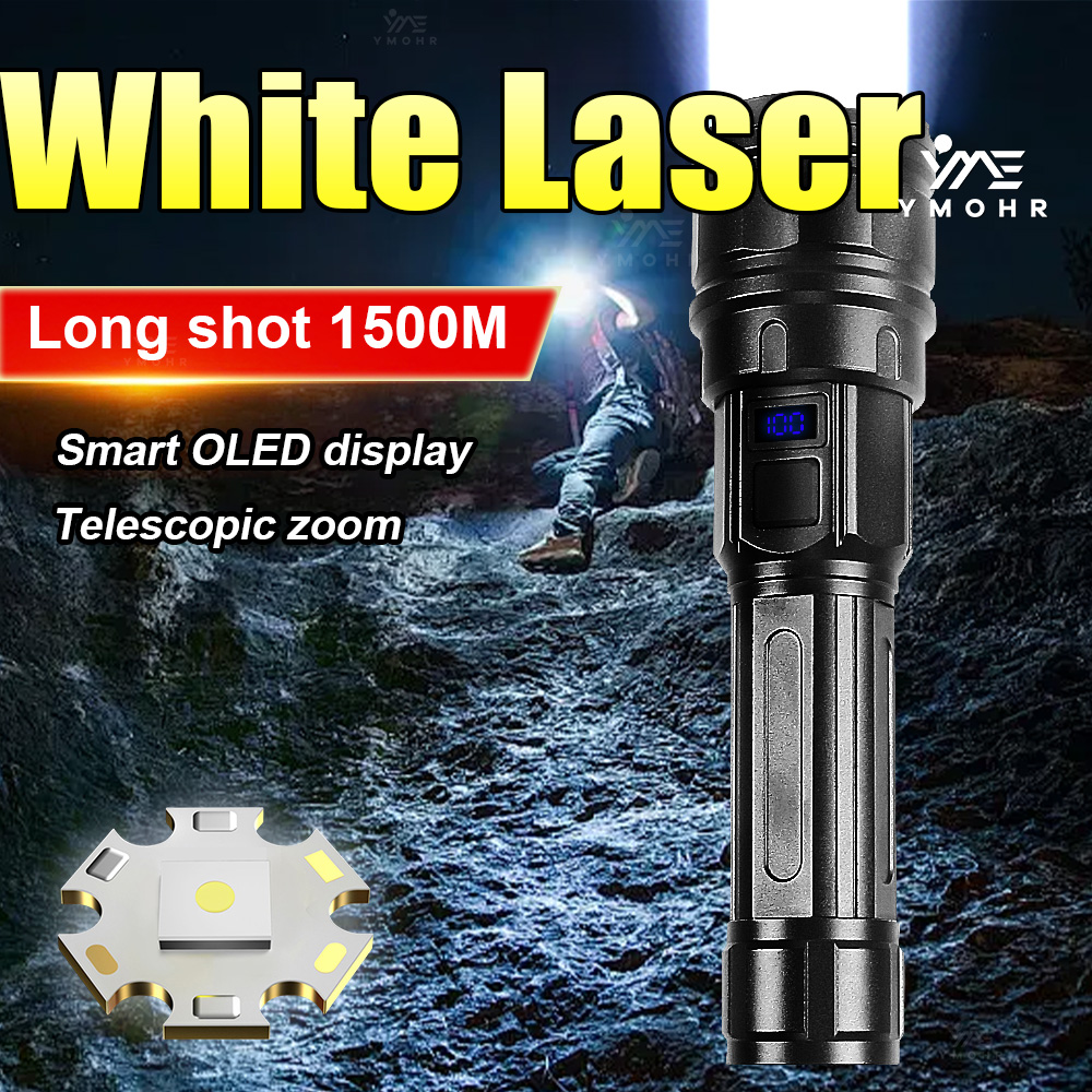 Outdoor Powerbank - ไฟฉายเลเซอร์สีขาวกำลังสูงแบบชาร์จไฟได้ ซูมได้ ความสว่างสูงพิเศษ ใช้ได้ระยะไกล เหมาะสำหรับกิจกรรมกลางแจ้ง ฉุกเฉิน